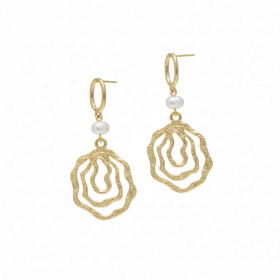 【Textured Drop Earrings】Golden Hoop with Faux Pearl & Lava - Like Openwork for Women
